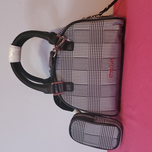 Black / White Plaid Madden NYC Mini Bowler Handbag With Removable Pouch - Picture 1 of 8